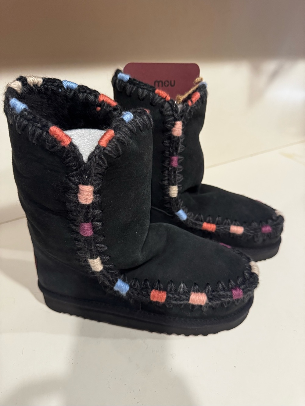 Mou Eskimo 24 Black Suede Multicolor Stitch Boot NO BOX NWT